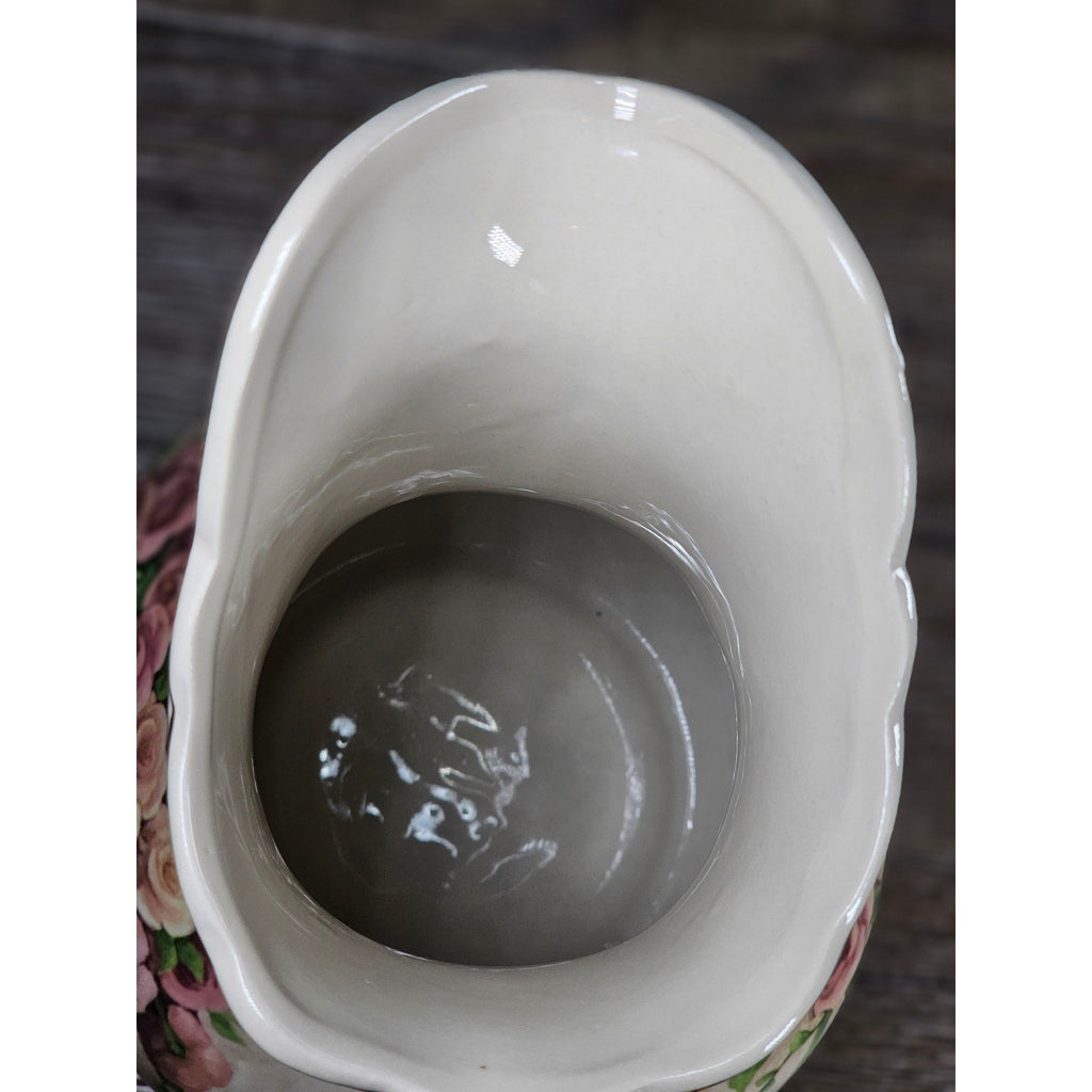 Vintage Belk Floral Ceramic Pitcher Rose Urn Design Cream Vase Handle