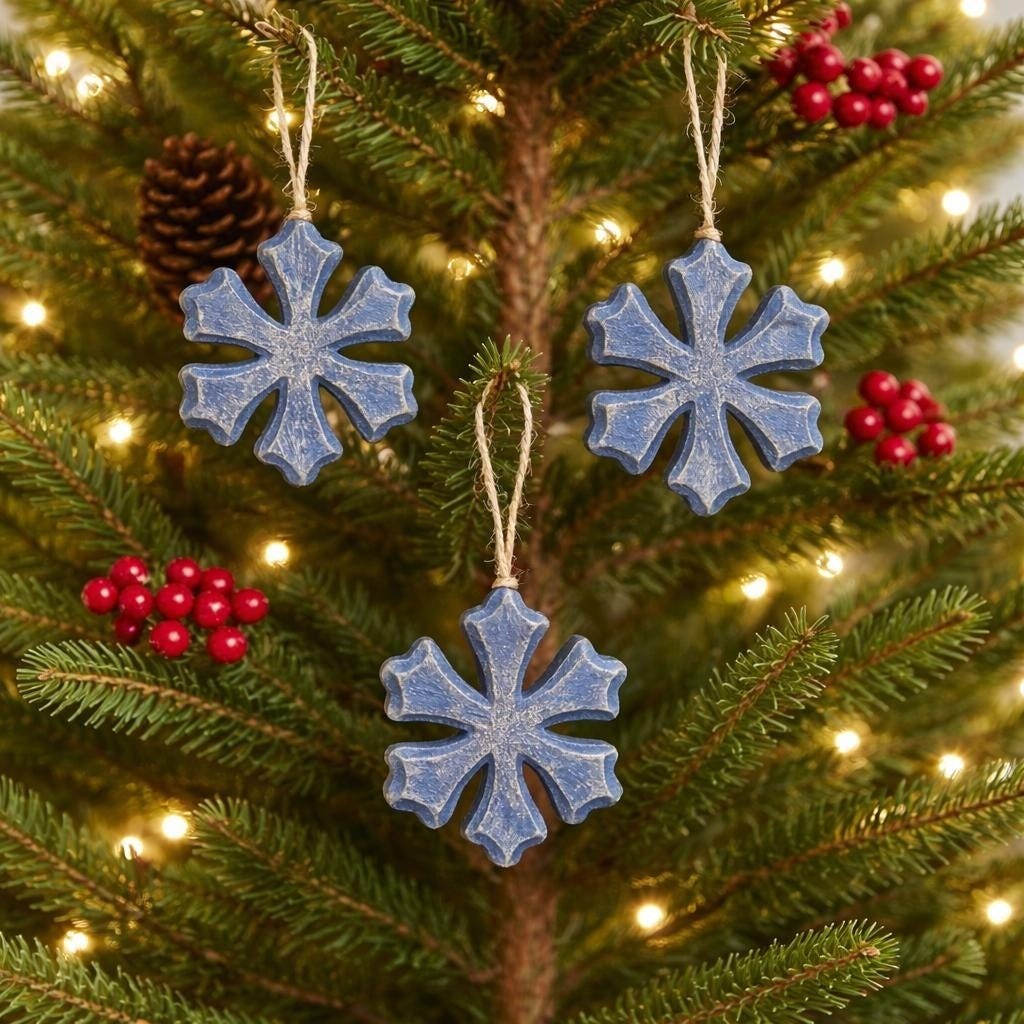 Rustic Blue Snowflake Ornaments Set of 3 Wood Farmhouse Christmas Decor