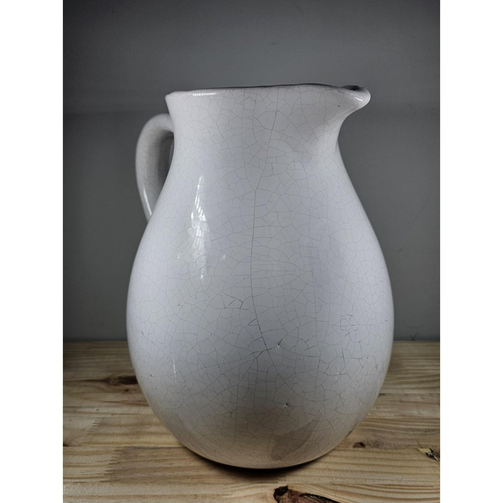 White Crackle Ceramic Pitcher Rustic Farmhouse Decor 10 Inch