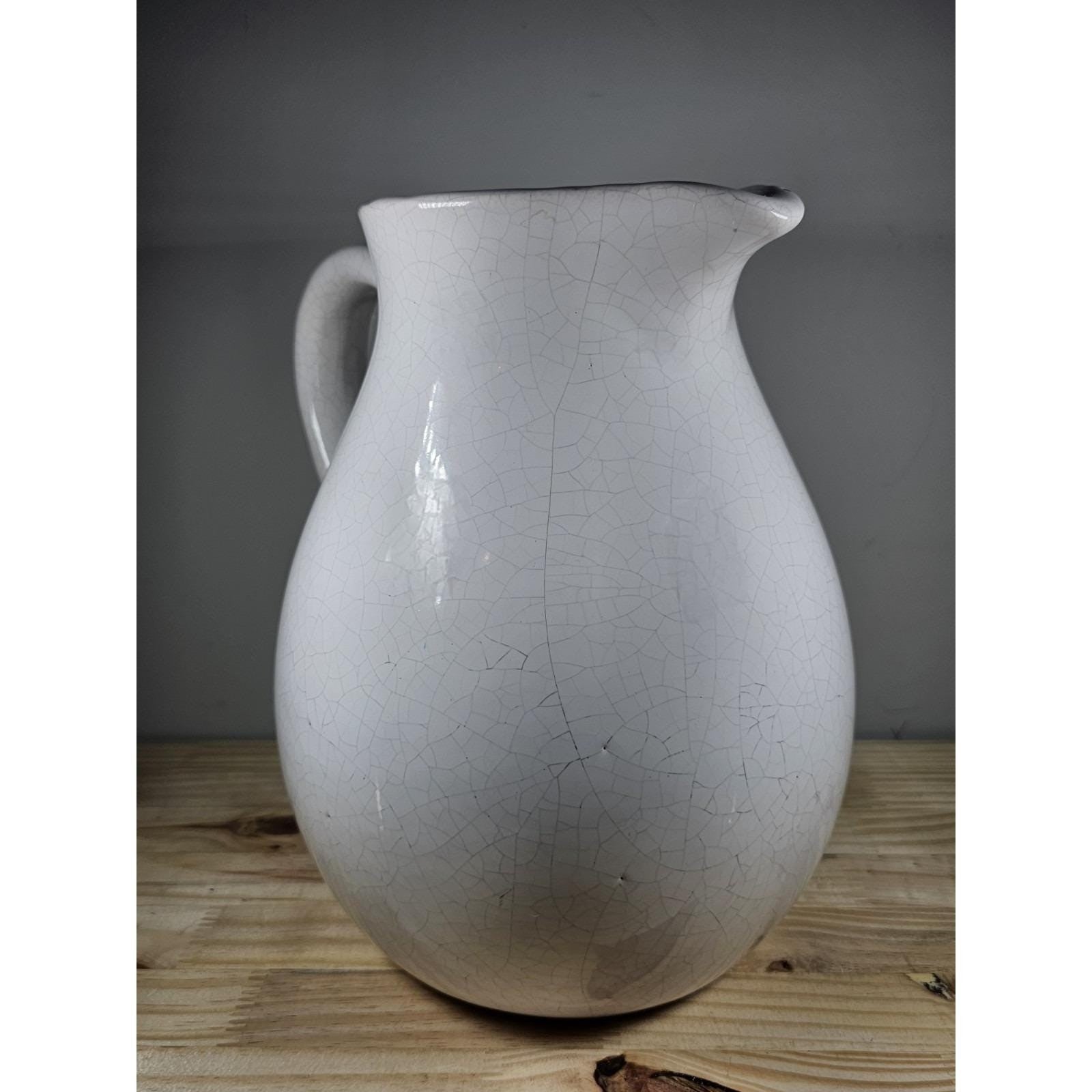 White Crackle Ceramic Pitcher Rustic Farmhouse Decor 10 Inch