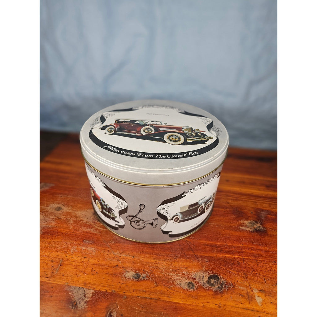 Vintage Classic Car Cookie Tin Empty Round Metal Motorcars from the Classic Era