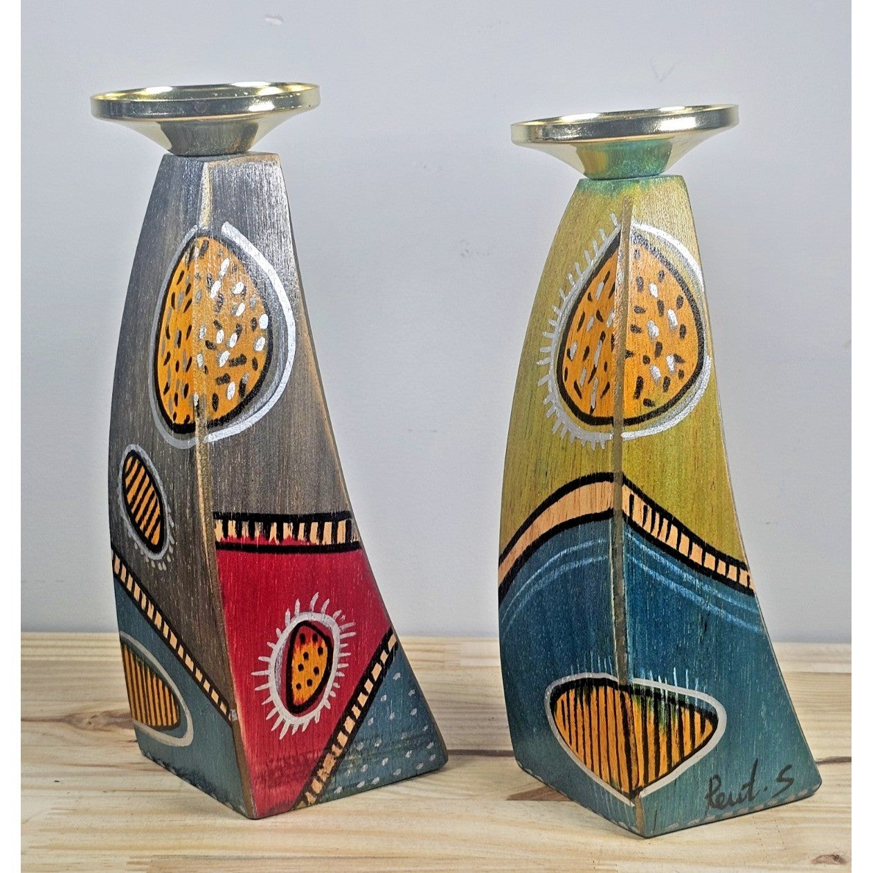 Kakadu Art Candlesticks Set of 2 Signed Reut S Wood Brass 8 Inch