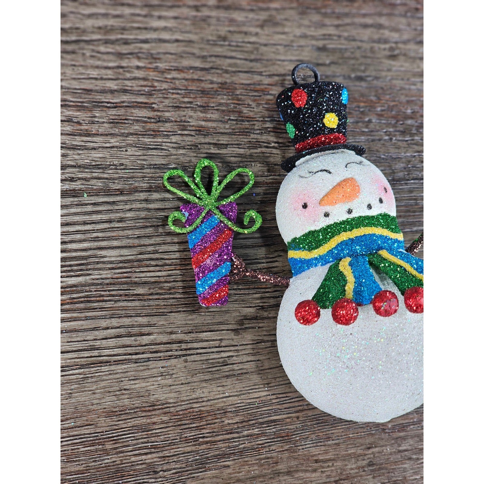 Vintage Glitter Snowman Christmas Ornament Holding Gift