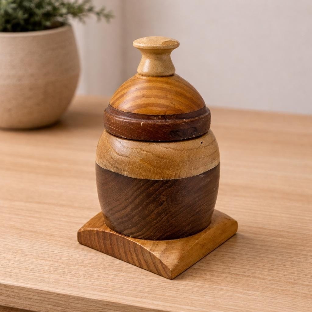 Vintage Wooden Trinket Box Round Lid Square Base Rustic Decor