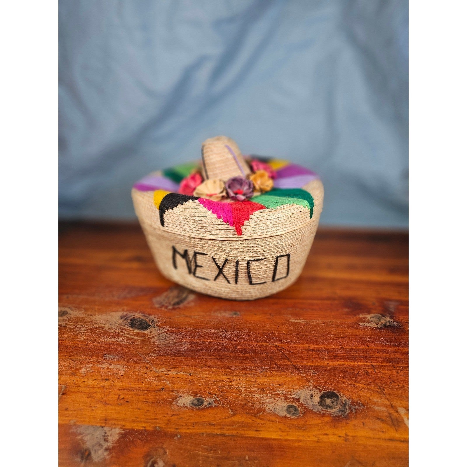 Vintage Mexican Straw Sombrero Trinket Box with Lid Colorful Folk Decor
