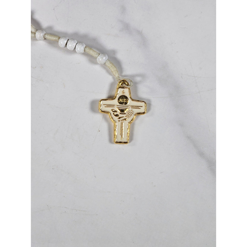 Vintage White Beaded Rosary Necklace Gold Tone Cross Pendant