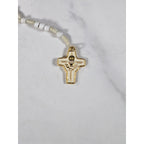 Vintage White Beaded Rosary Necklace Gold Tone Cross Pendant