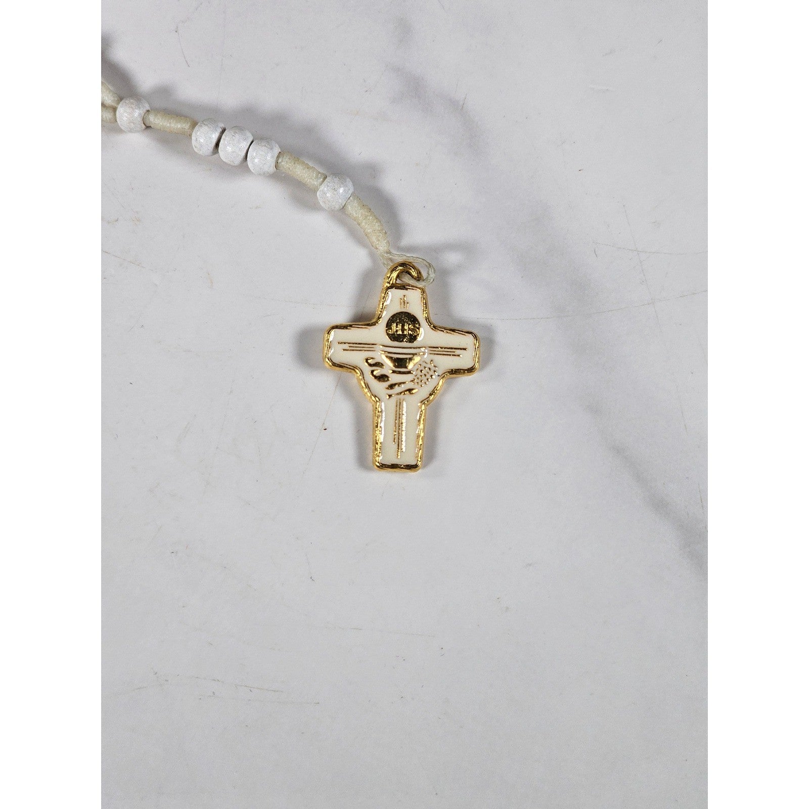 Vintage White Beaded Rosary Necklace Gold Tone Cross Pendant