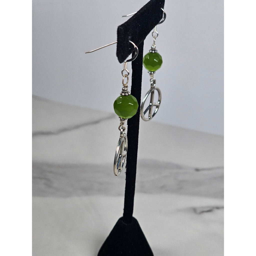 Vintage .925 Sterling Silver Peace Sign Dangle Earrings with Green Beads