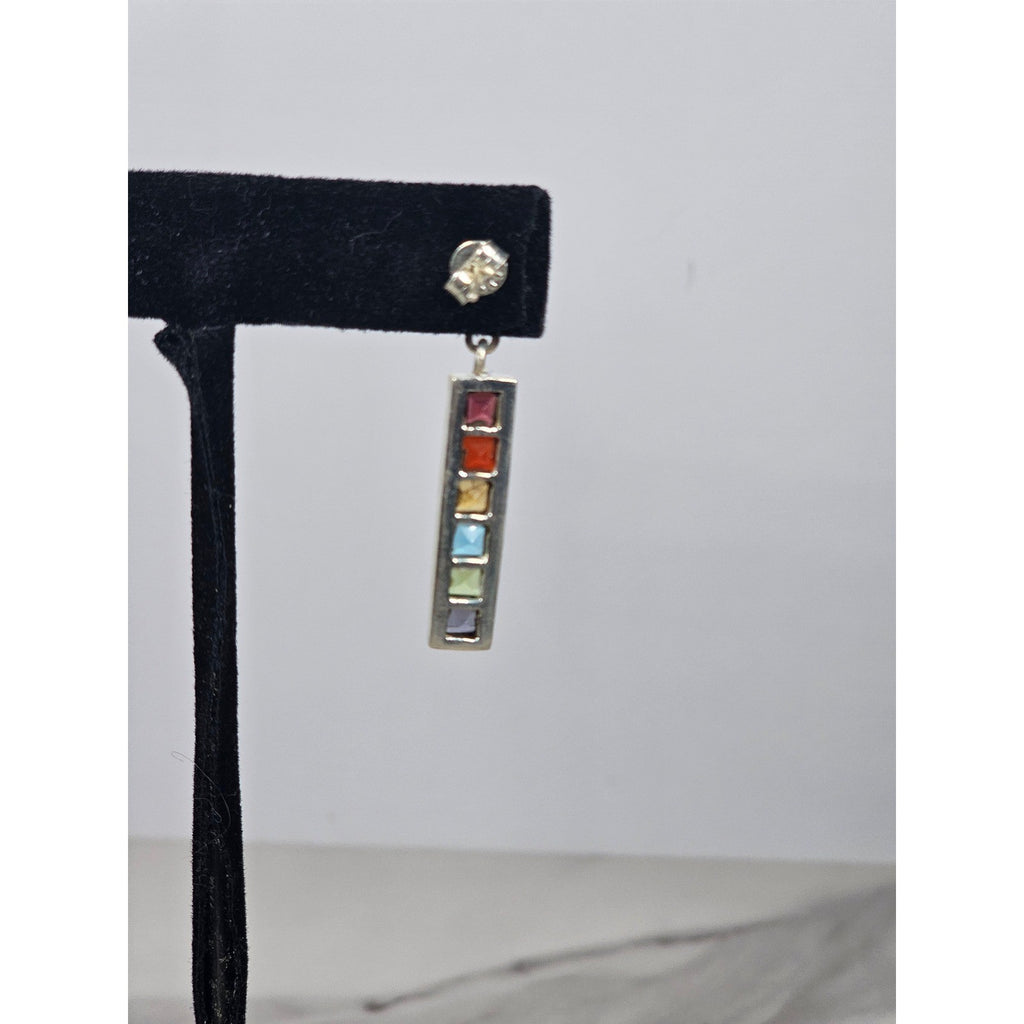 Vintage Rainbow Bar Drop Earrings with Pearl-Style Studs