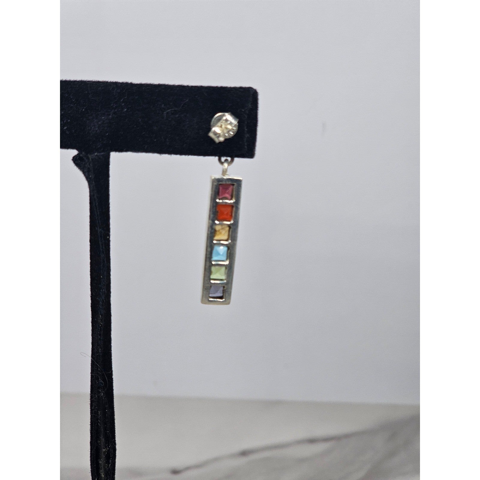 Vintage Rainbow Bar Drop Earrings with Pearl-Style Studs