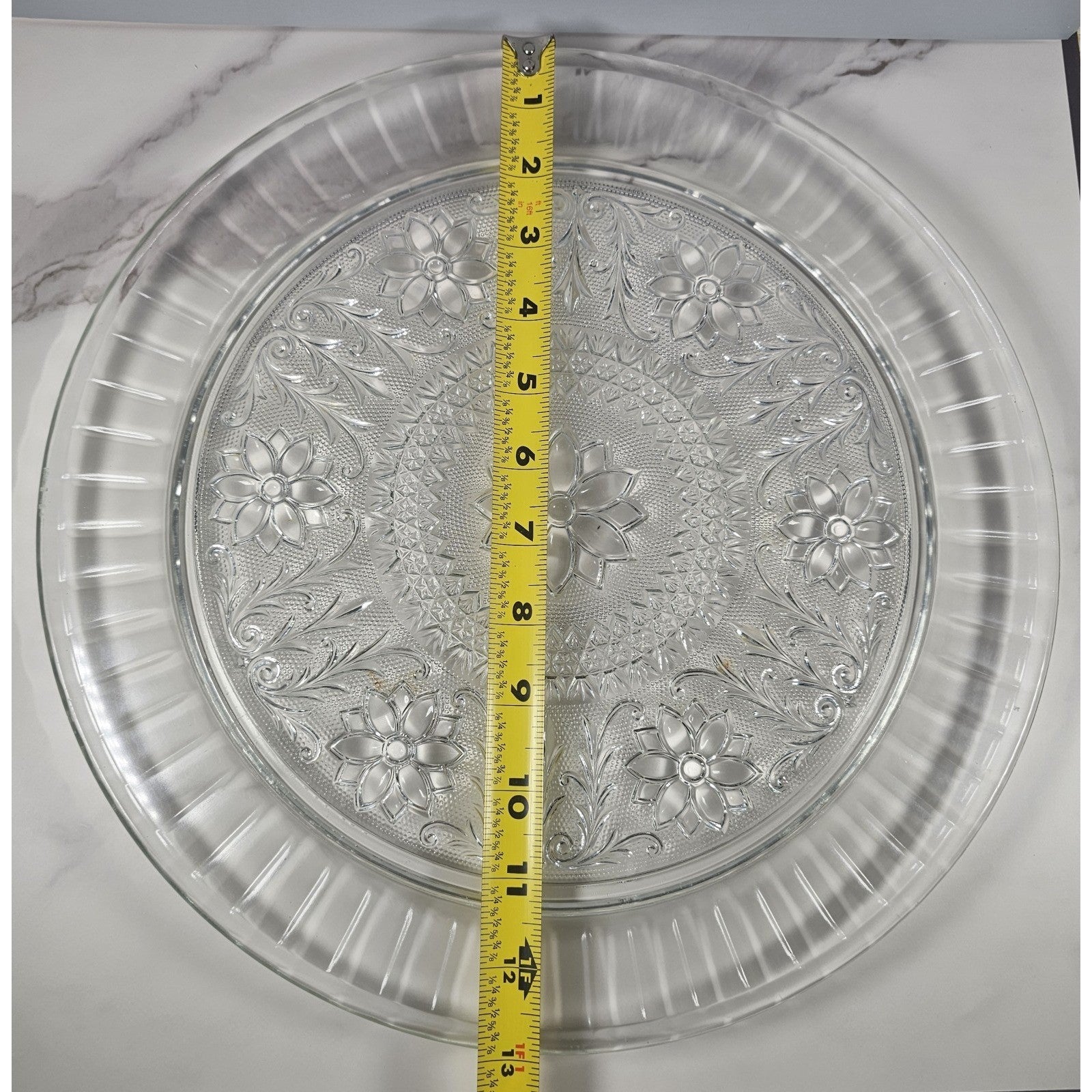 Vintage Pressed Glass Floral Cake Stand Round Serving Tray 13 Inch