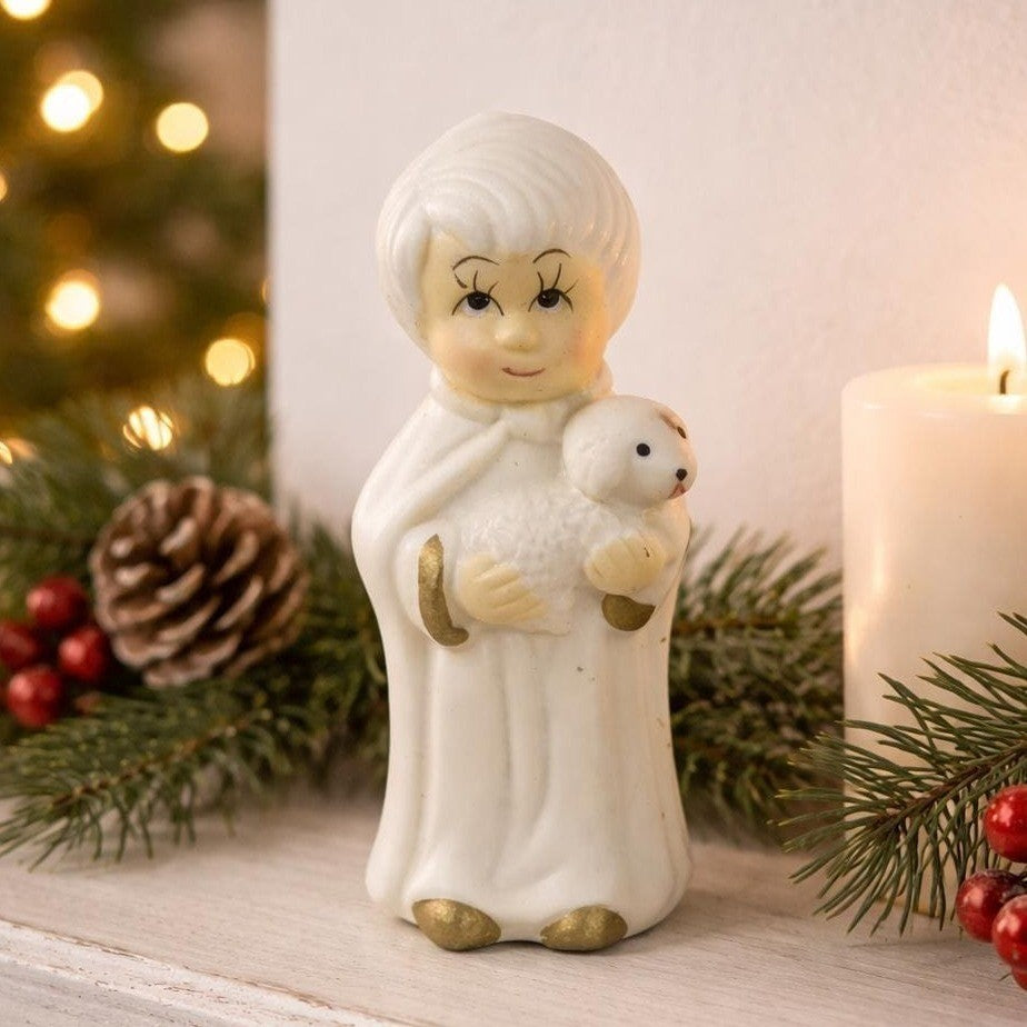 Vintage Nativity Wise Man Figurine Lamb White Gold 3.5 Inch