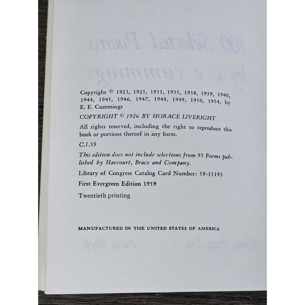 1959 100 Selected Poems E E Cummings Evergreen Edition Hardcover