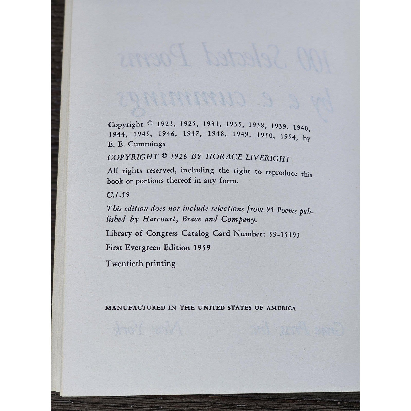 1959 100 Selected Poems E E Cummings Evergreen Edition Hardcover
