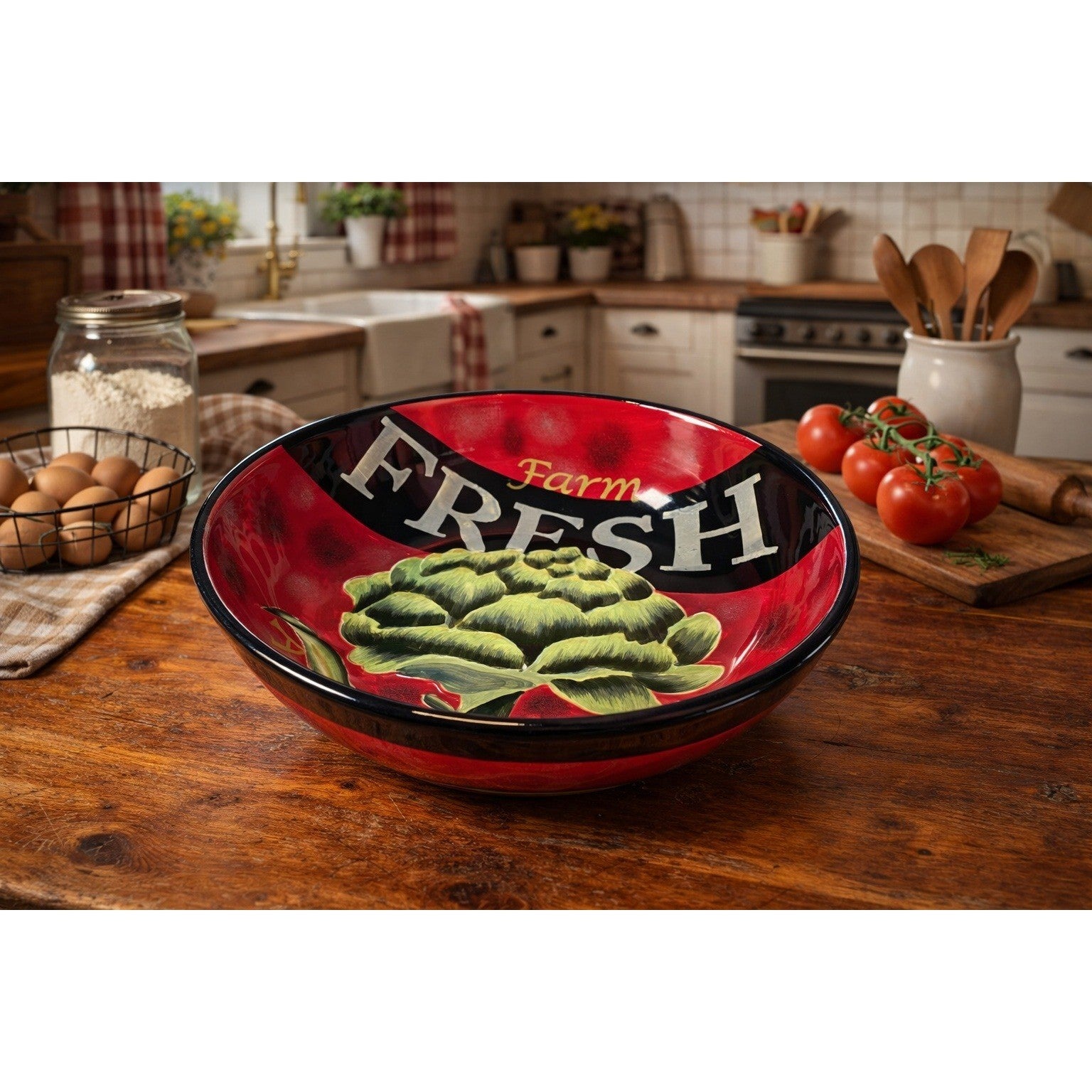 Certified International Farm Fresh Artichoke Serving Bowl Red Black