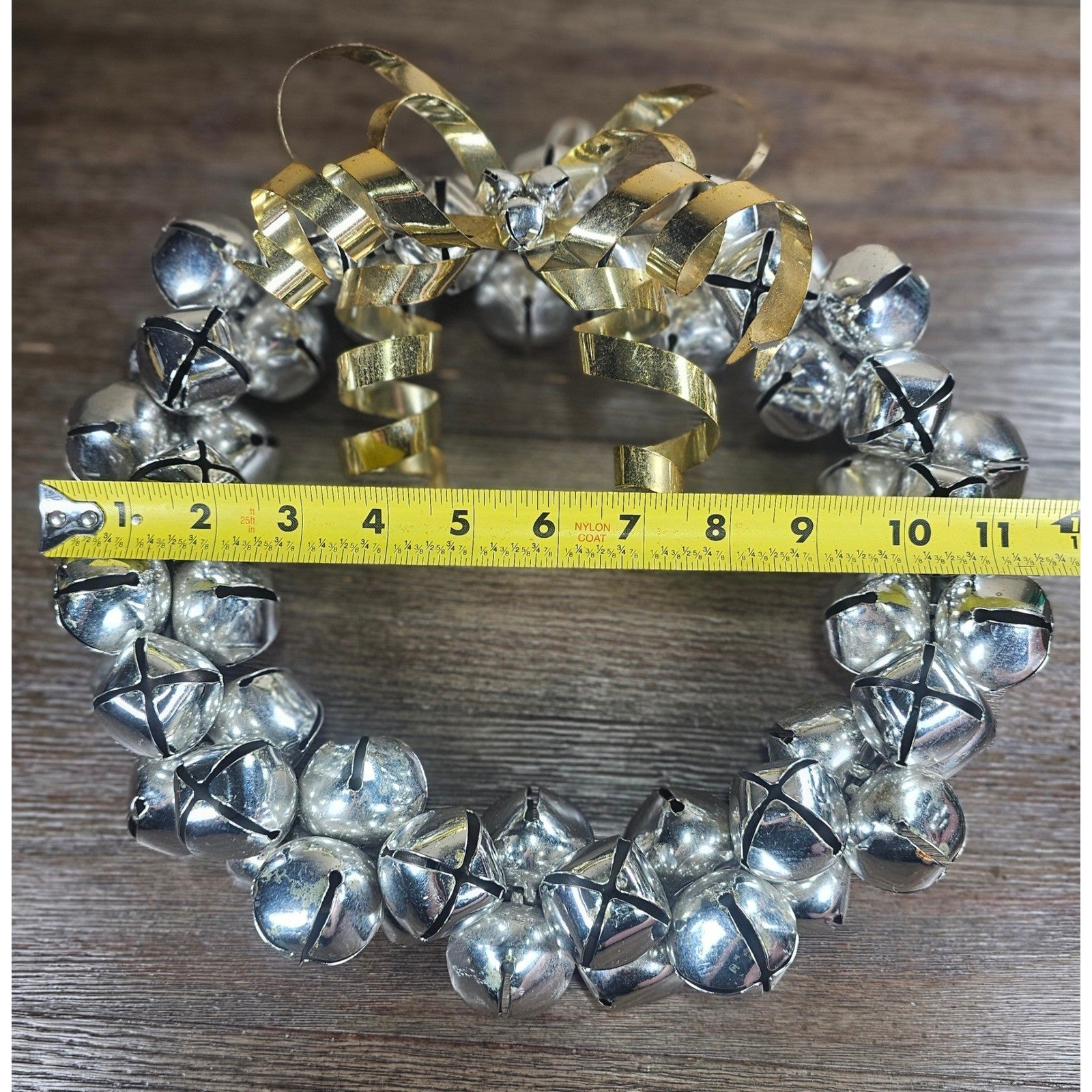 Vintage Silver Jingle Bell Wreath Gold Bow Holiday Door Decor