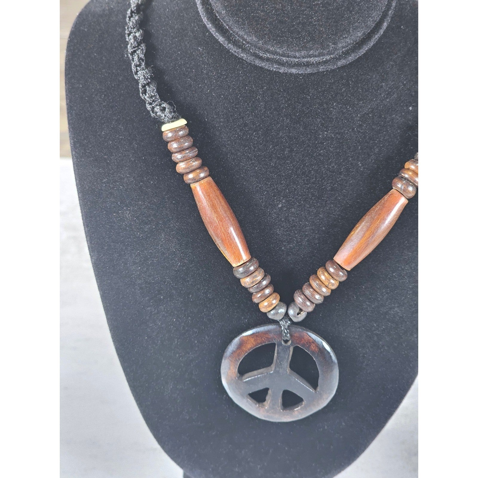 Vintage Wood Peace Sign Necklace Boho Beaded Cord Pendant