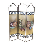 Decorative Trifold Folding Screen Ceramic Style Panel Bronze Blue Accent