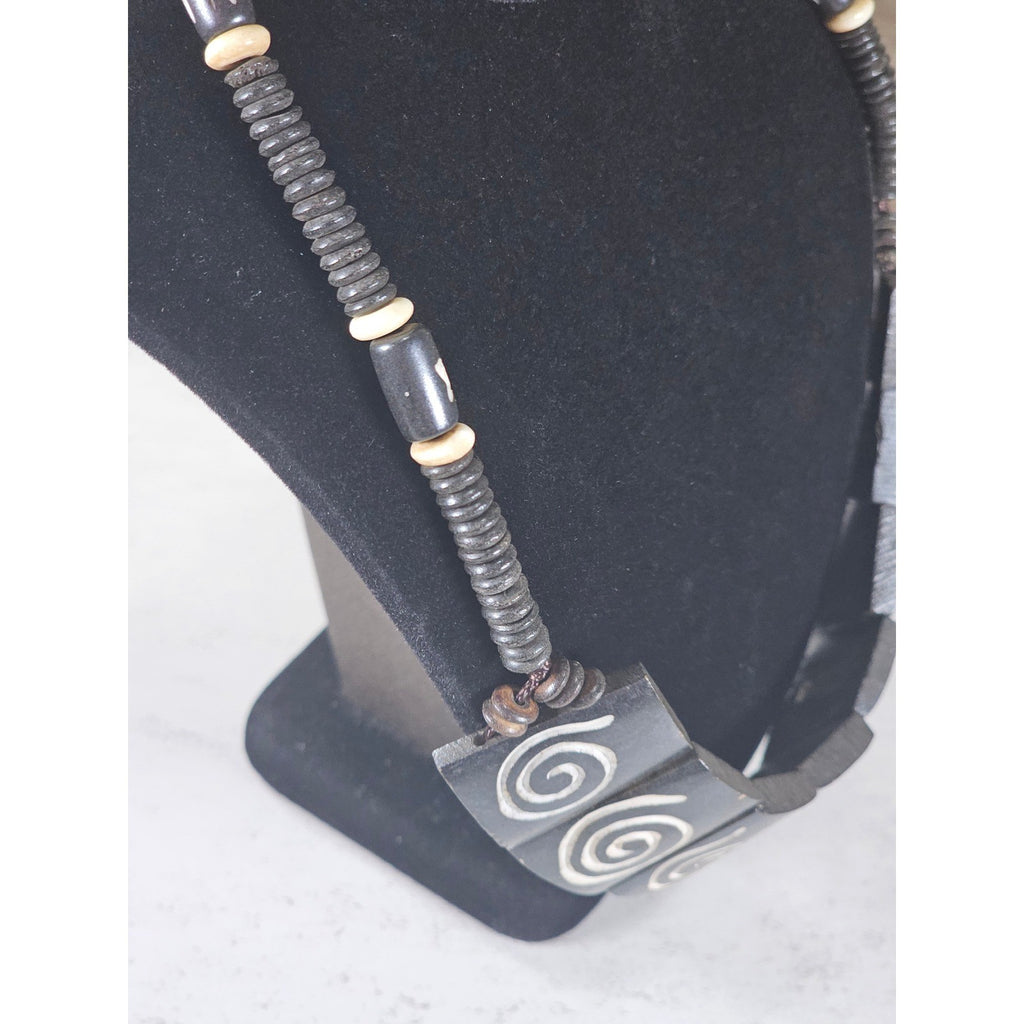 Vintage Tribal Carved Wood Spiral Necklace Statement Collar Black