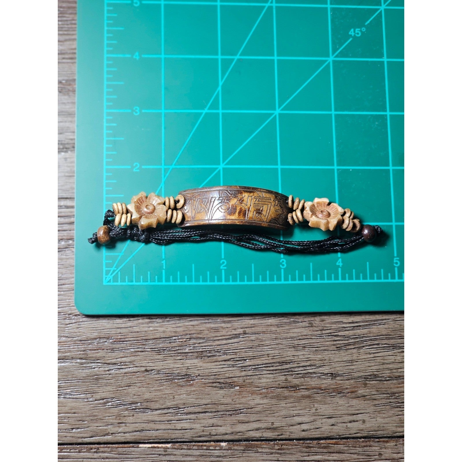 Vintage Carved Wood Adjustable Bracelet with Floral Accents