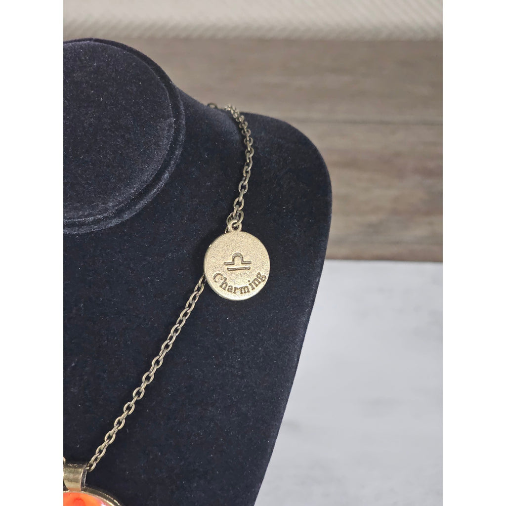 Vintage Libra Zodiac Pendant Necklace Orange Cabochon Charmine