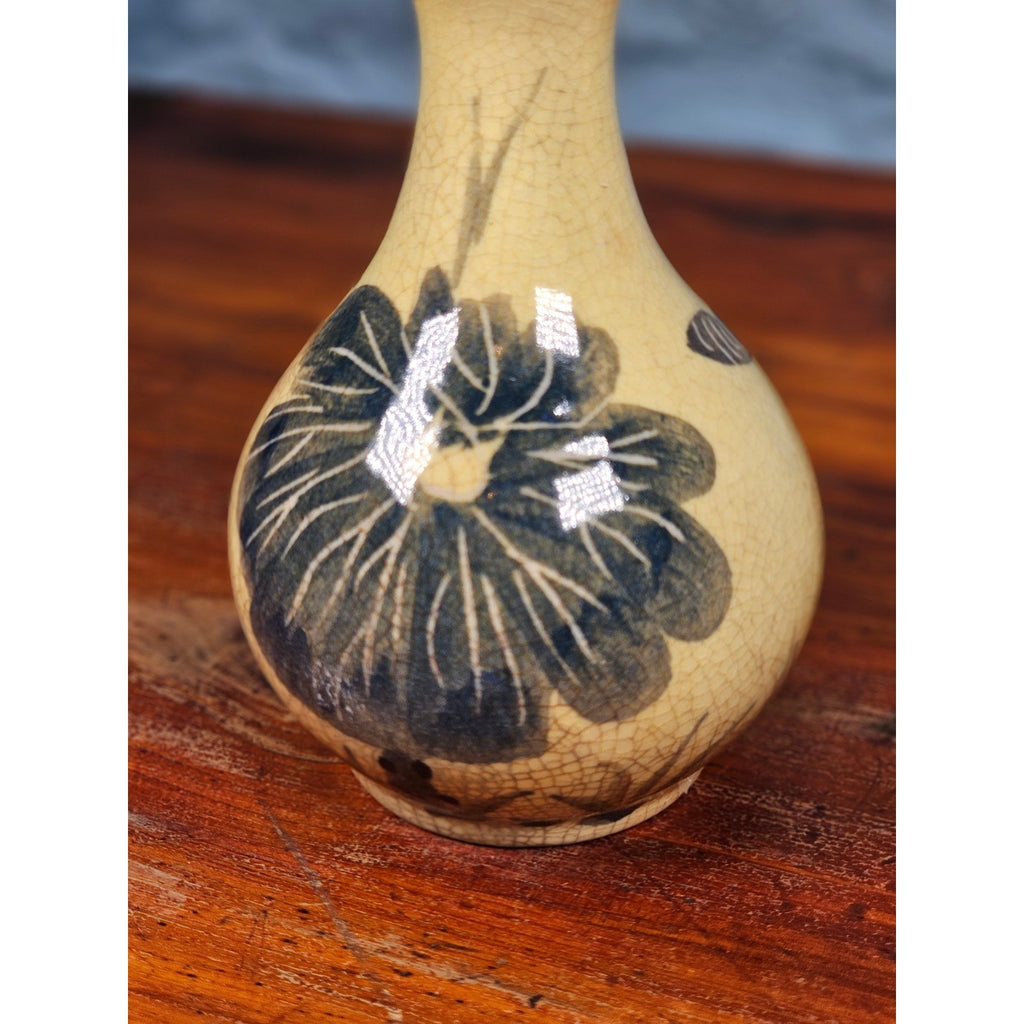 Vintage Pottery 5 Inch Bud Vase Hand Painted Lotus Flower Crackle Glaze