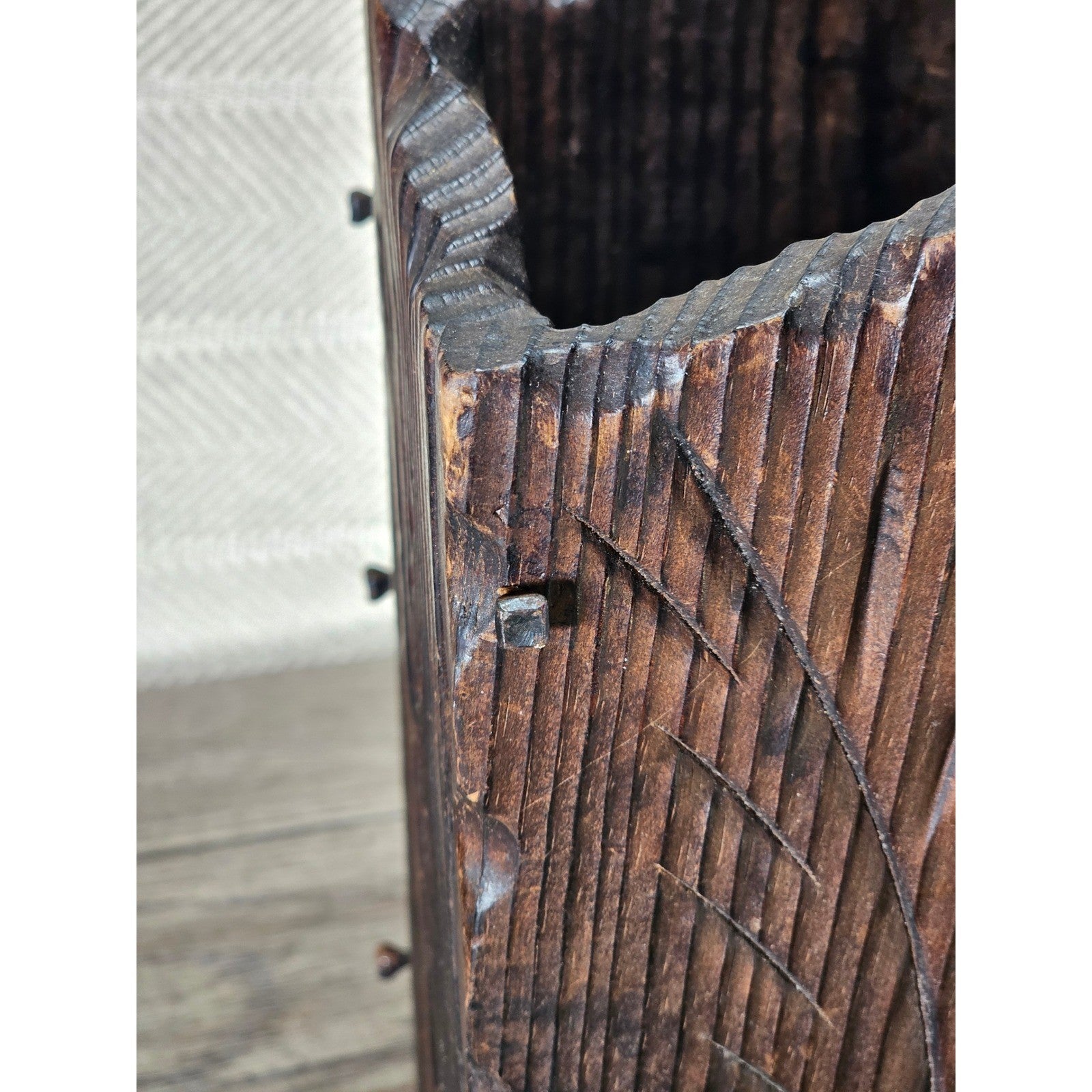 Hand-Carved Rustic Wood Box with Iron Nails | Primitive Farmhouse Decor