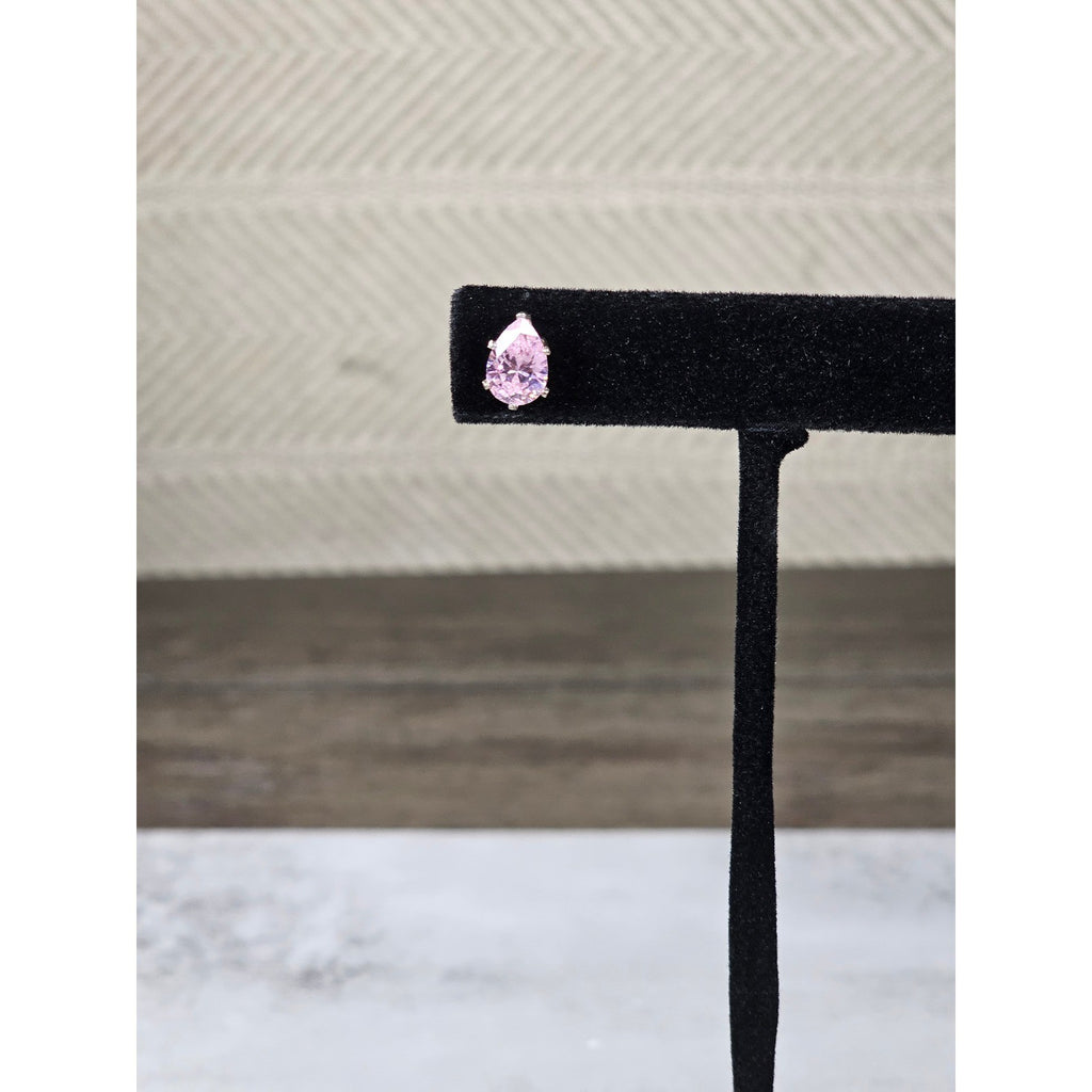 Vintage Pink Teardrop Stud Earrings Silver Tone Used