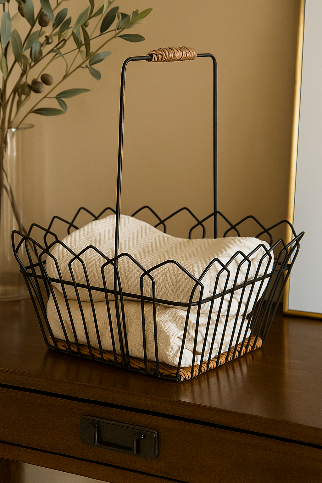 Black Metal + Rattan Basket 11.5″ × 9″ | Rustic Coastal Storage Basket