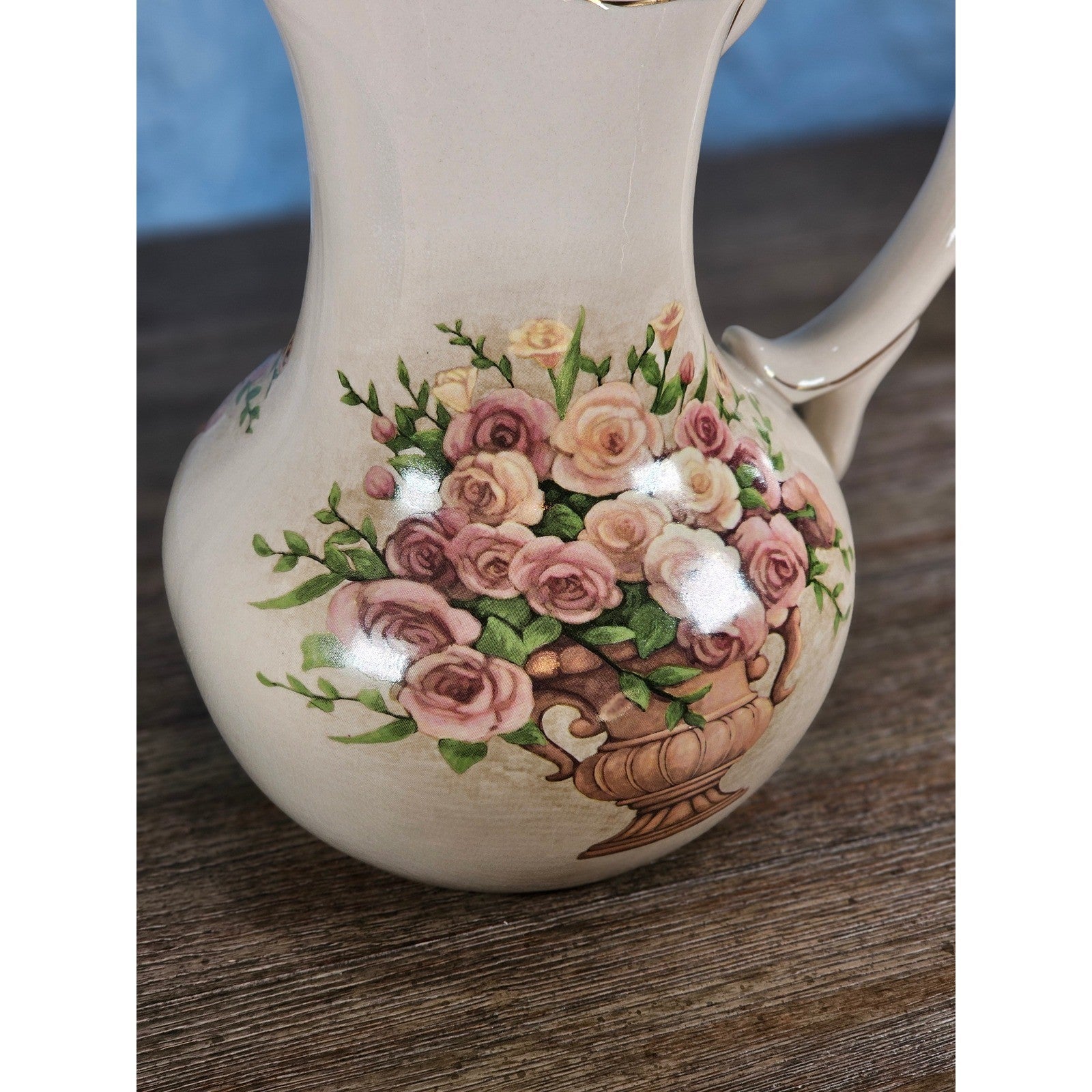 Vintage Belk Floral Ceramic Pitcher Rose Urn Design Cream Vase Handle
