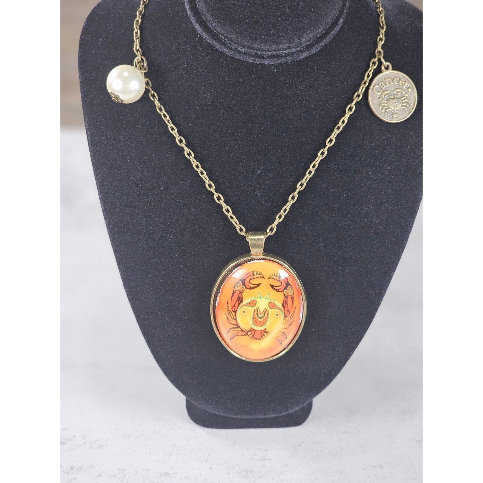 Vintage Cancer Zodiac Pendant Necklace Crab Medallion Charm