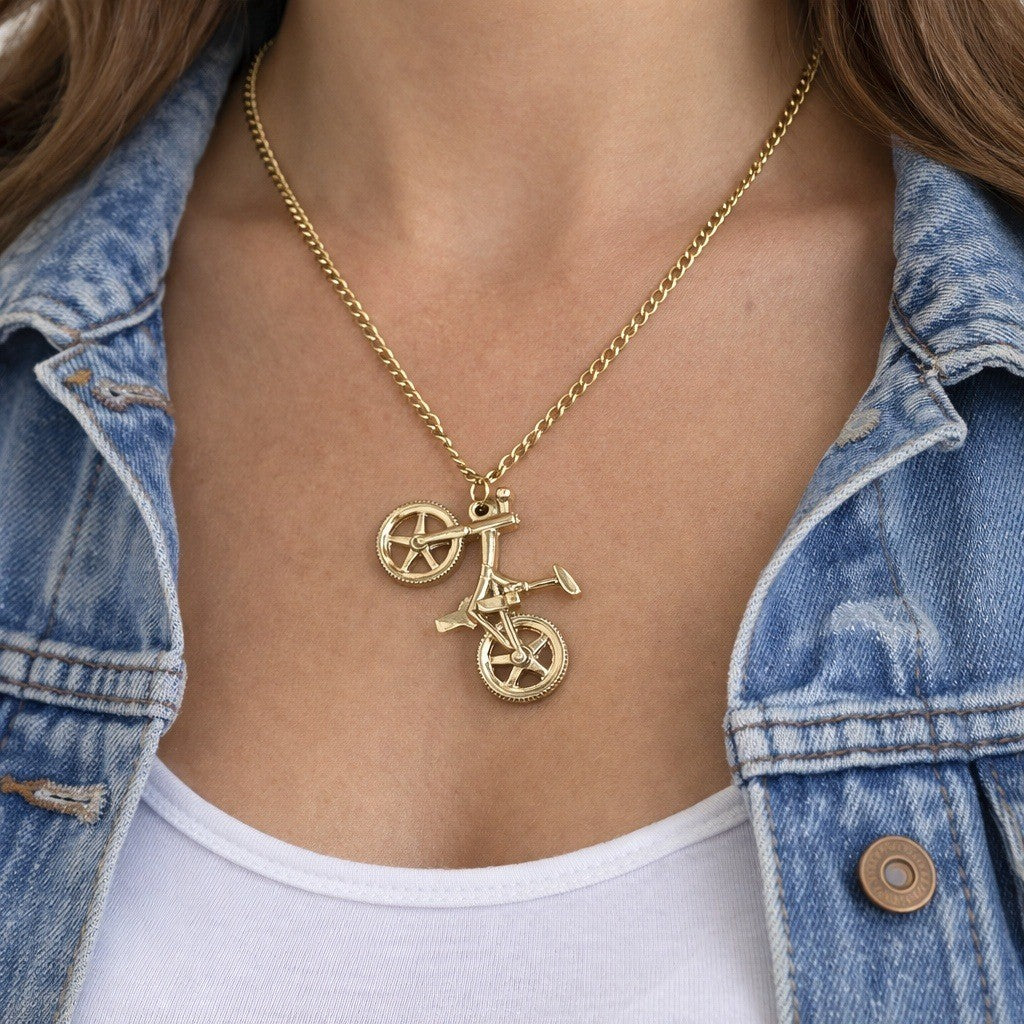 Vintage Bicycle Pendant Necklace Gold Tone Bike Charm Cyclist Jewelry