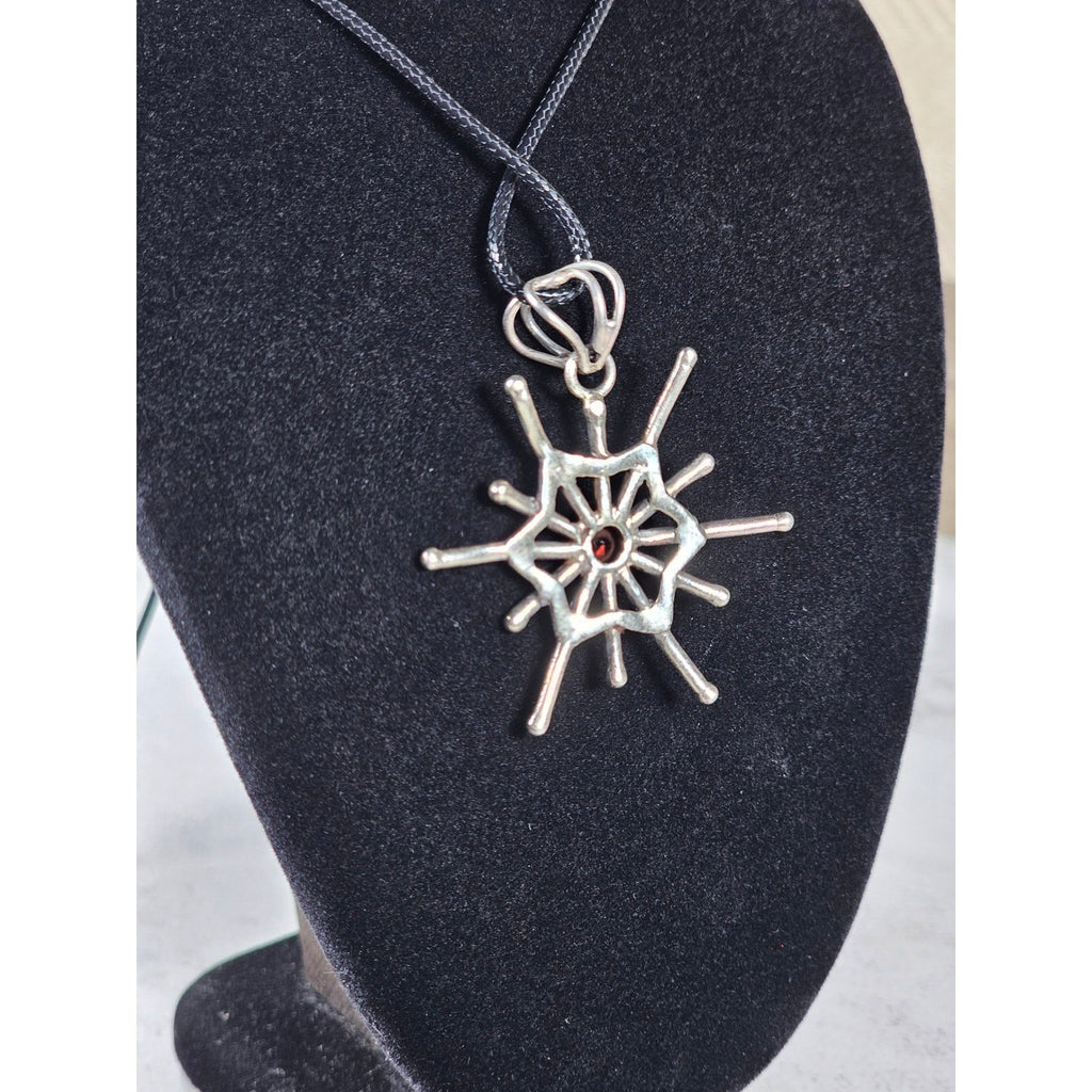 Vintage Starburst Pendant Necklace Red Stone Silver Tone