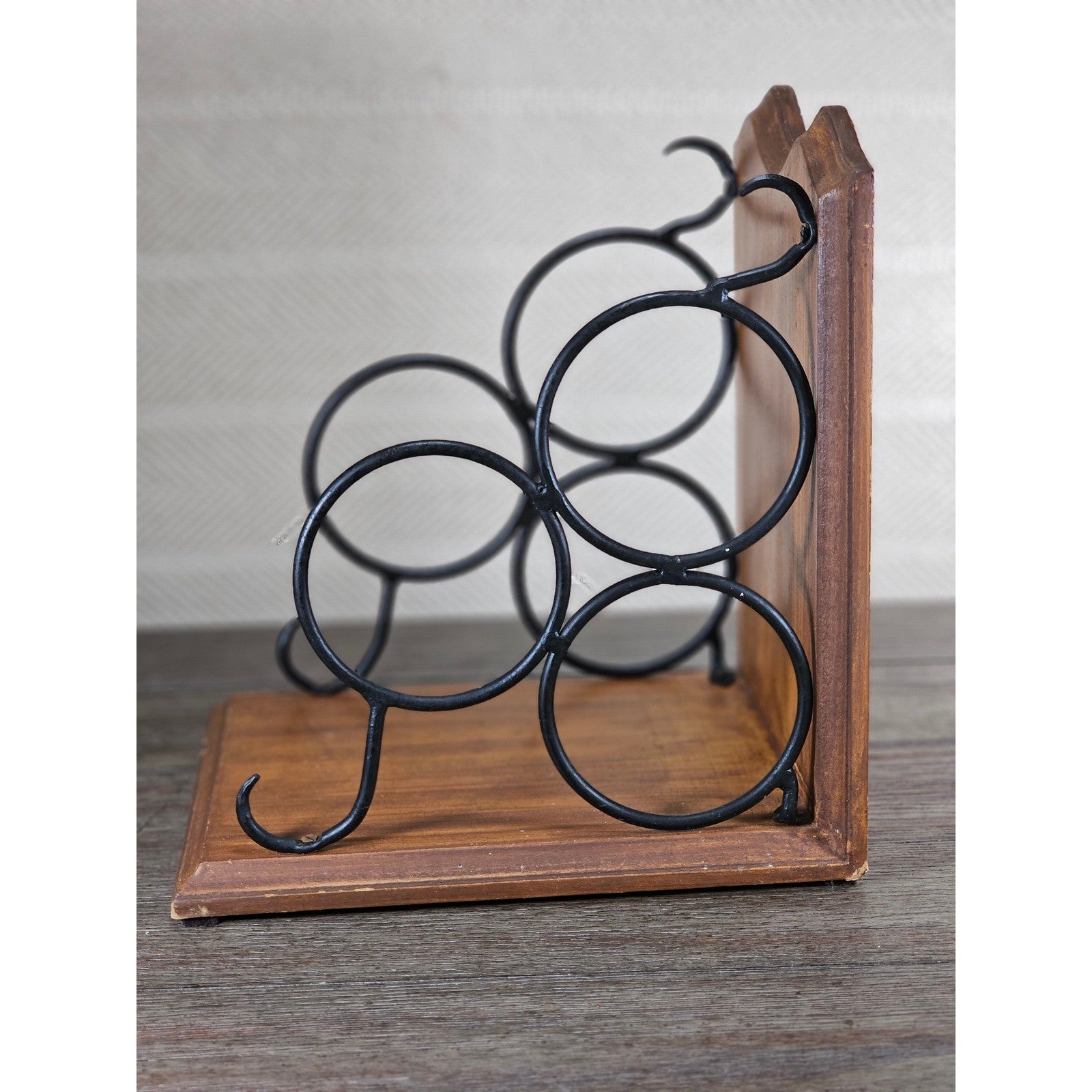 Vintage Wood & Metal Wine Bottle Holder | 3-Bottle Countertop Wine Rack