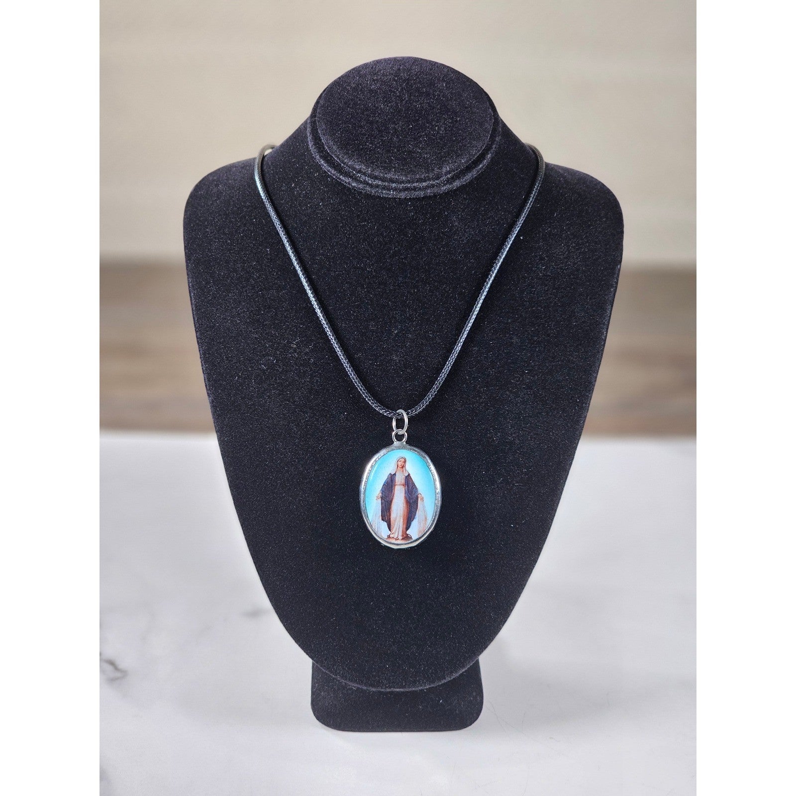 Vintage Miraculous Medal Necklace Oval Catholic Pendant