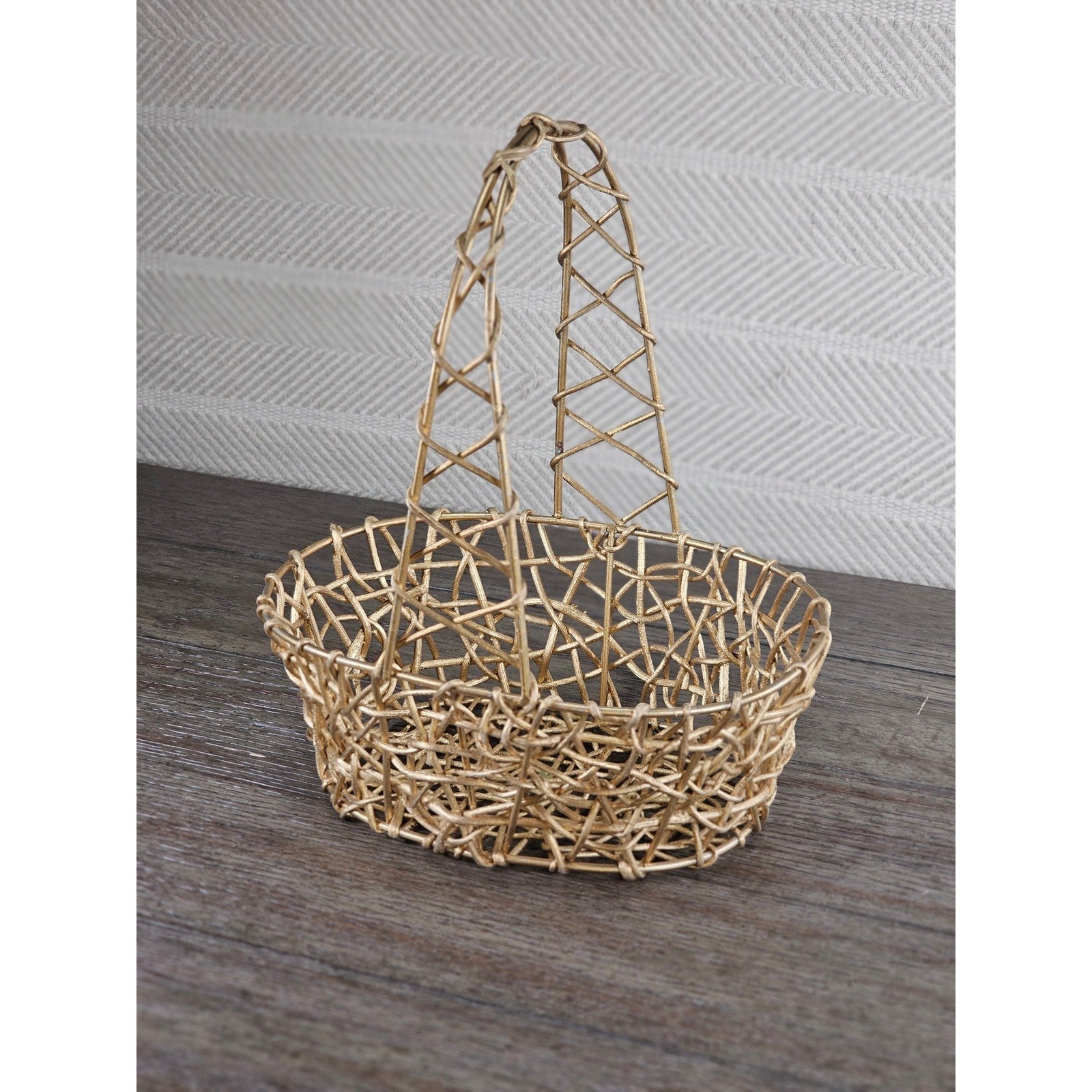 Vintage Gold-Tone Metal Wire Basket with Handle | Decorative Storage Basket