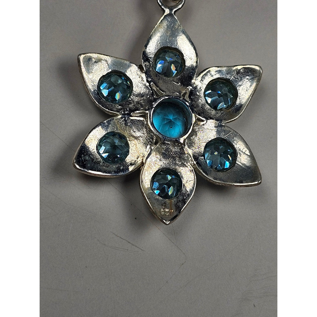 Vintage Sterling Silver Blue Stone Flower Pendant .925 Floral Necklace Charm