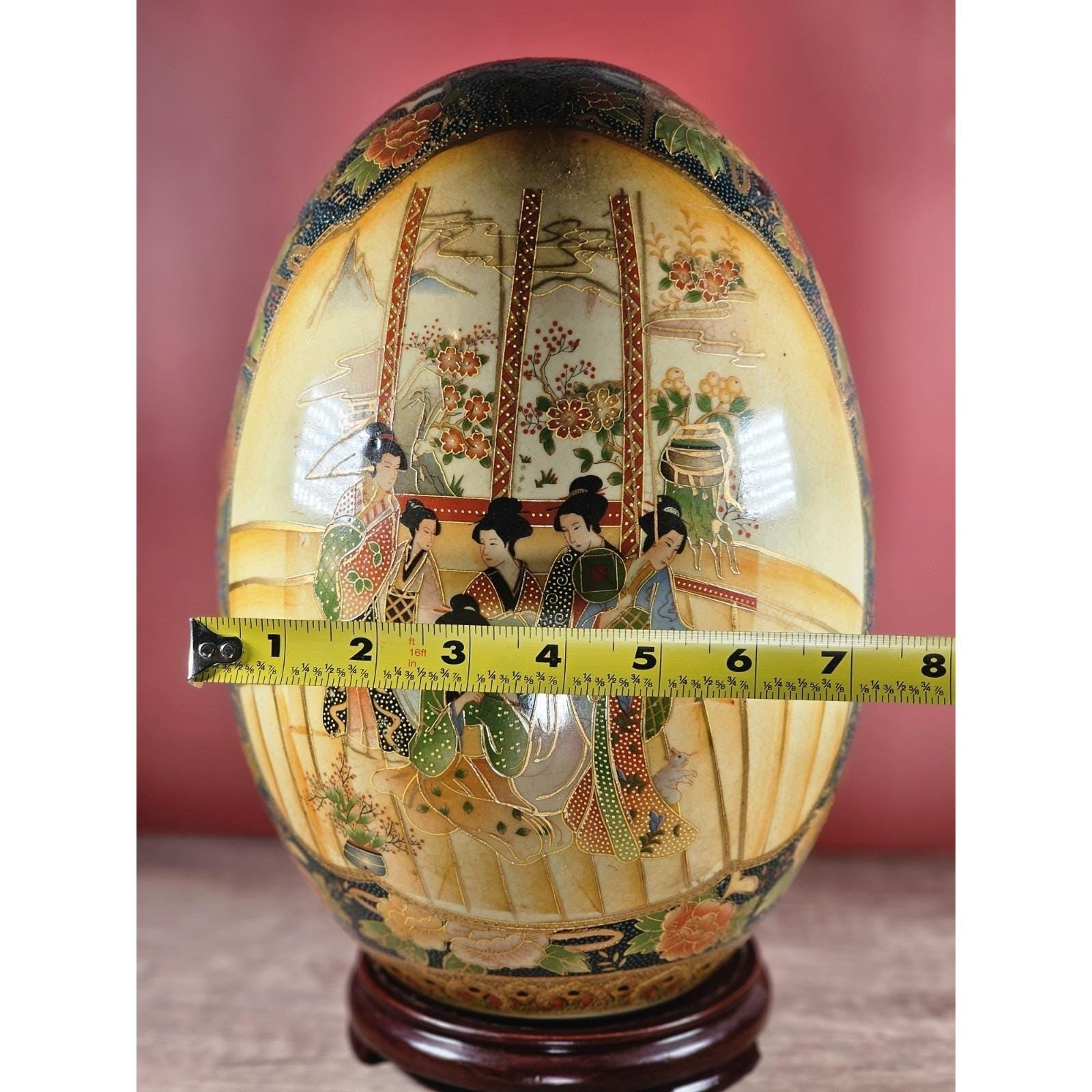 Large Vintage Satsuma Style Porcelain Egg on Stand | Hand-Painted Geisha Decor