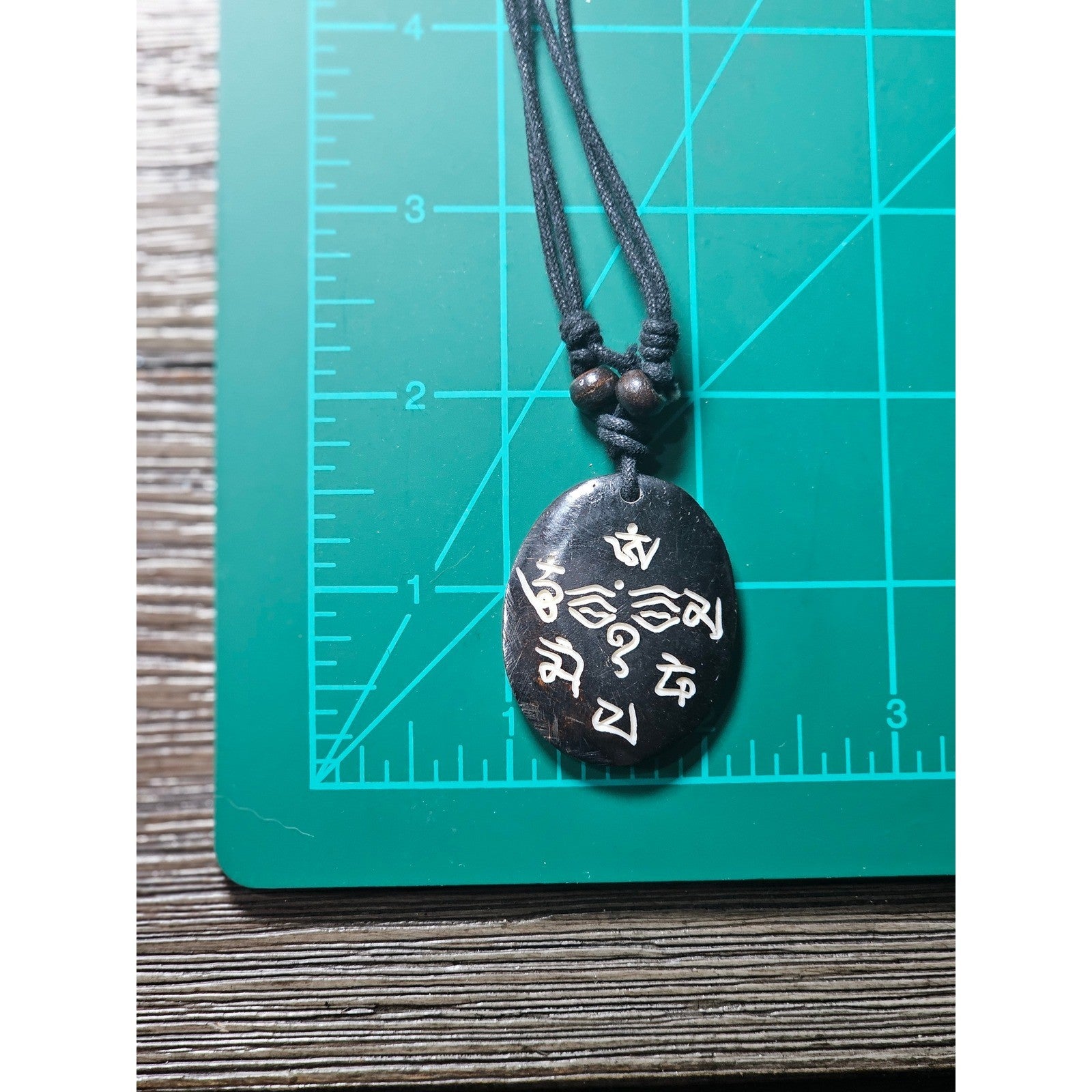 Vintage Script Pendant Necklace Black Cord Spiritual Symbol Medallion