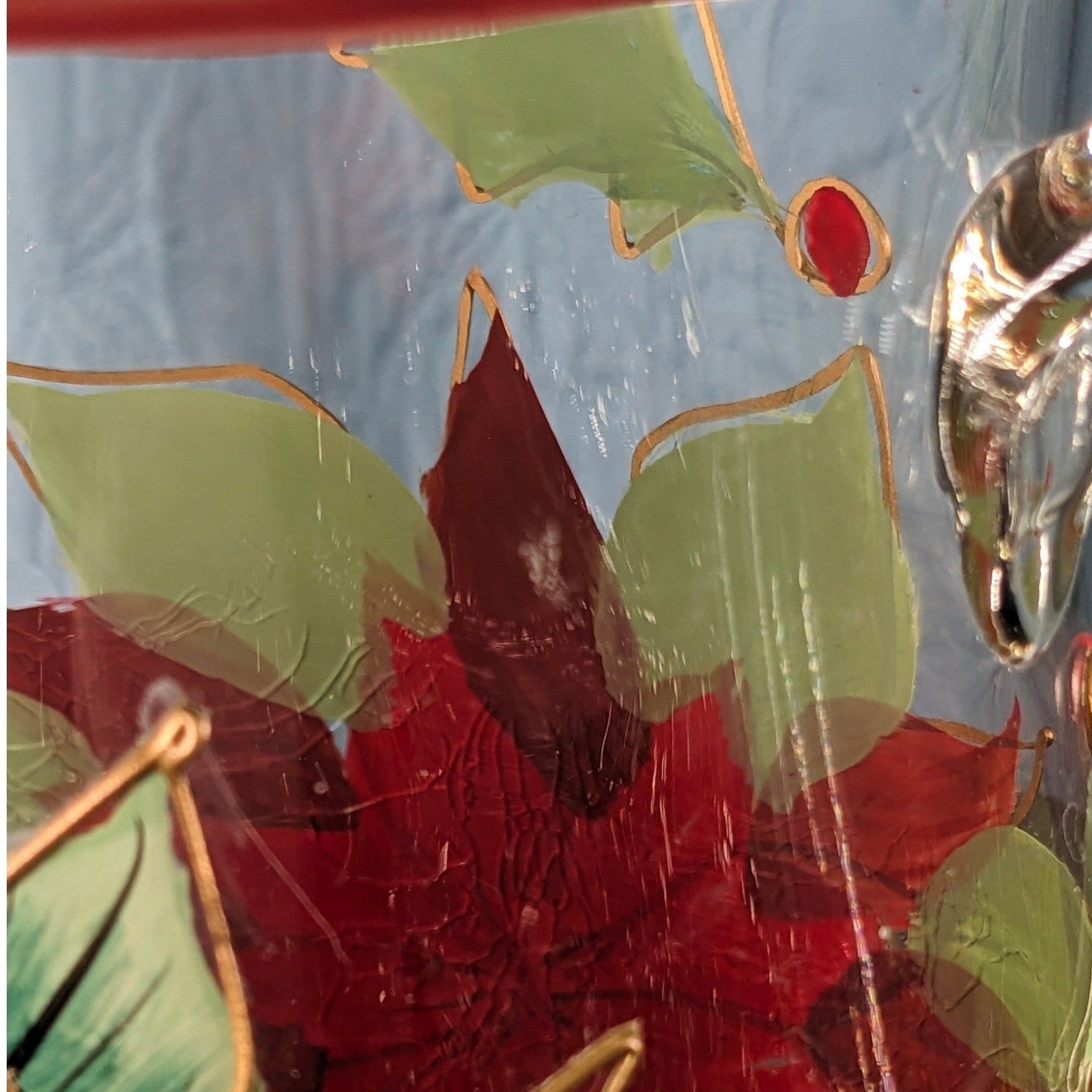 Vintage Poinsettia Glass Pitcher 72 oz Hand Painted Crackle Glass
