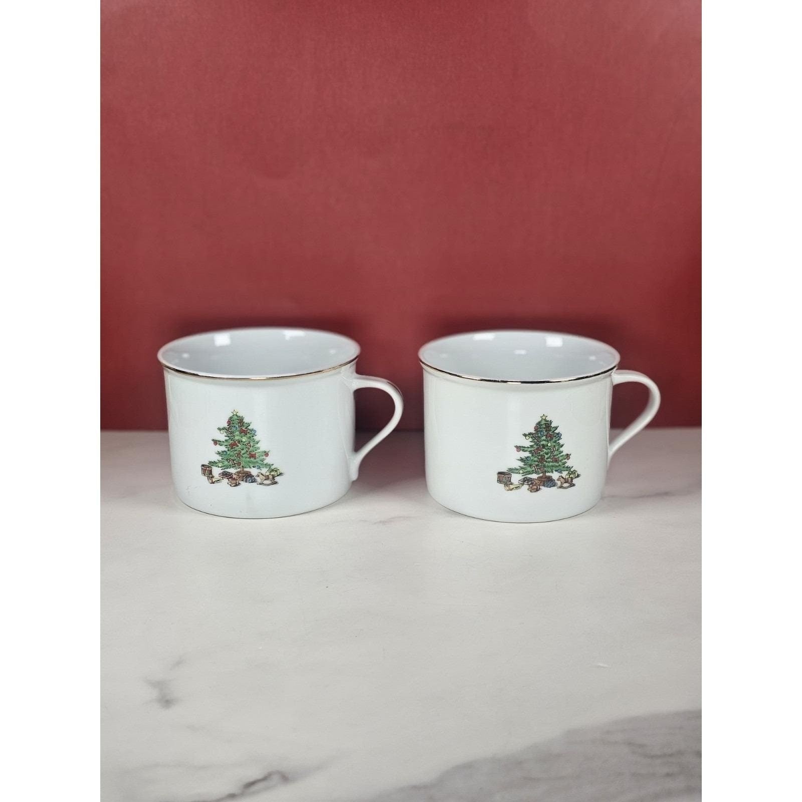 Vintage Tienshan Christmas Tree Mugs Set of 2 Porcelain Holiday Cups