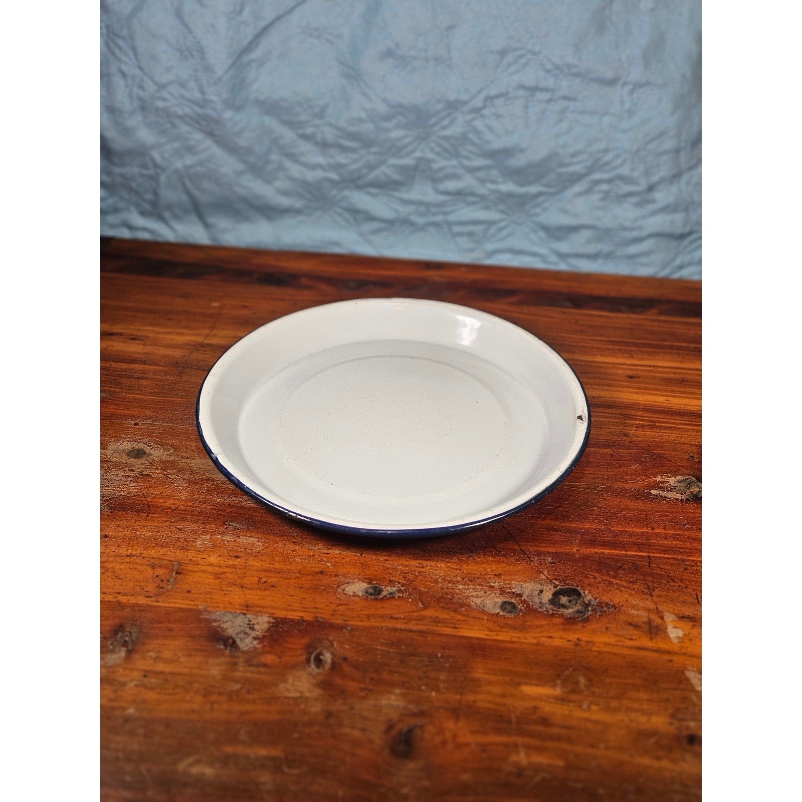 Vintage White Enamel Plate with Blue Rim | Farmhouse Kitchen Decor | 9 Inch