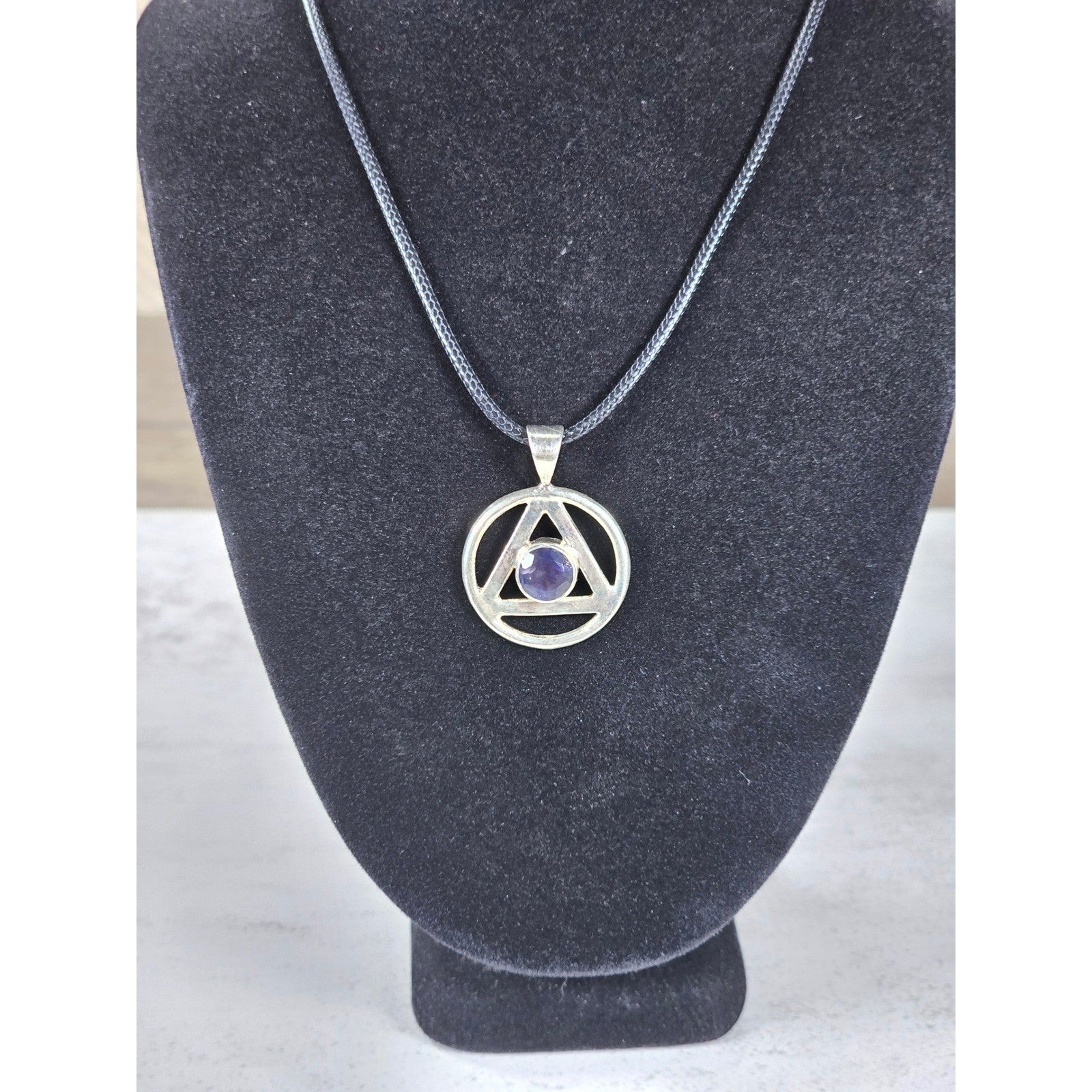 Vintage Sterling Silver Triangle Pendant w Purple Stone