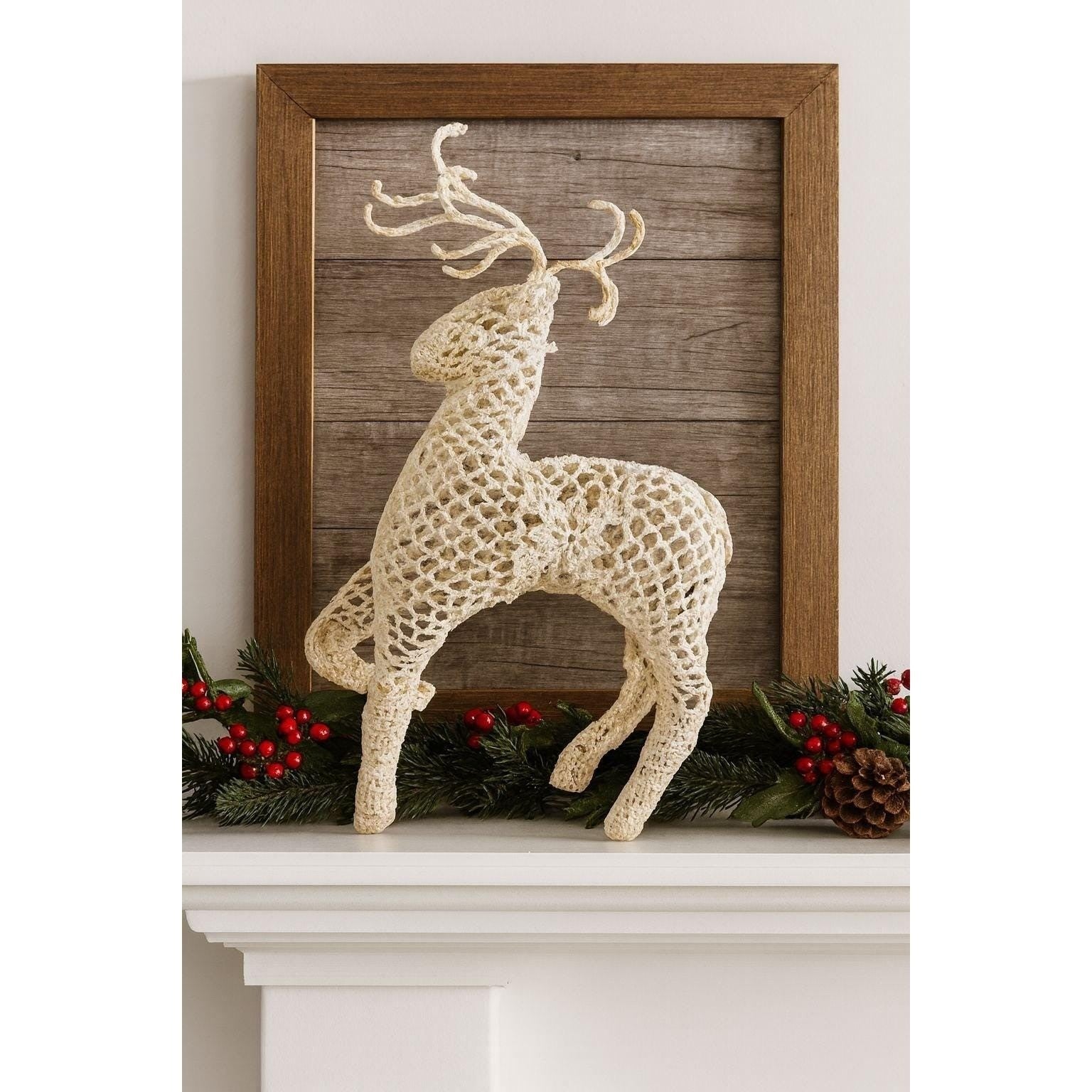 Handmade Crocheted Reindeer Figurine White Vintage 1970s Holiday Decor