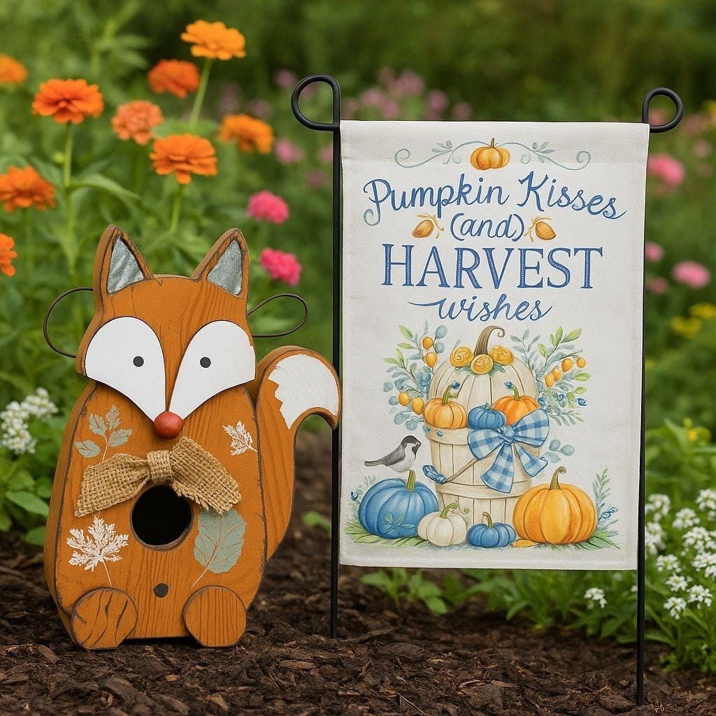 Autumn Fox Birdhouse and Garden Flag Set Rustic Fall Yard Decor