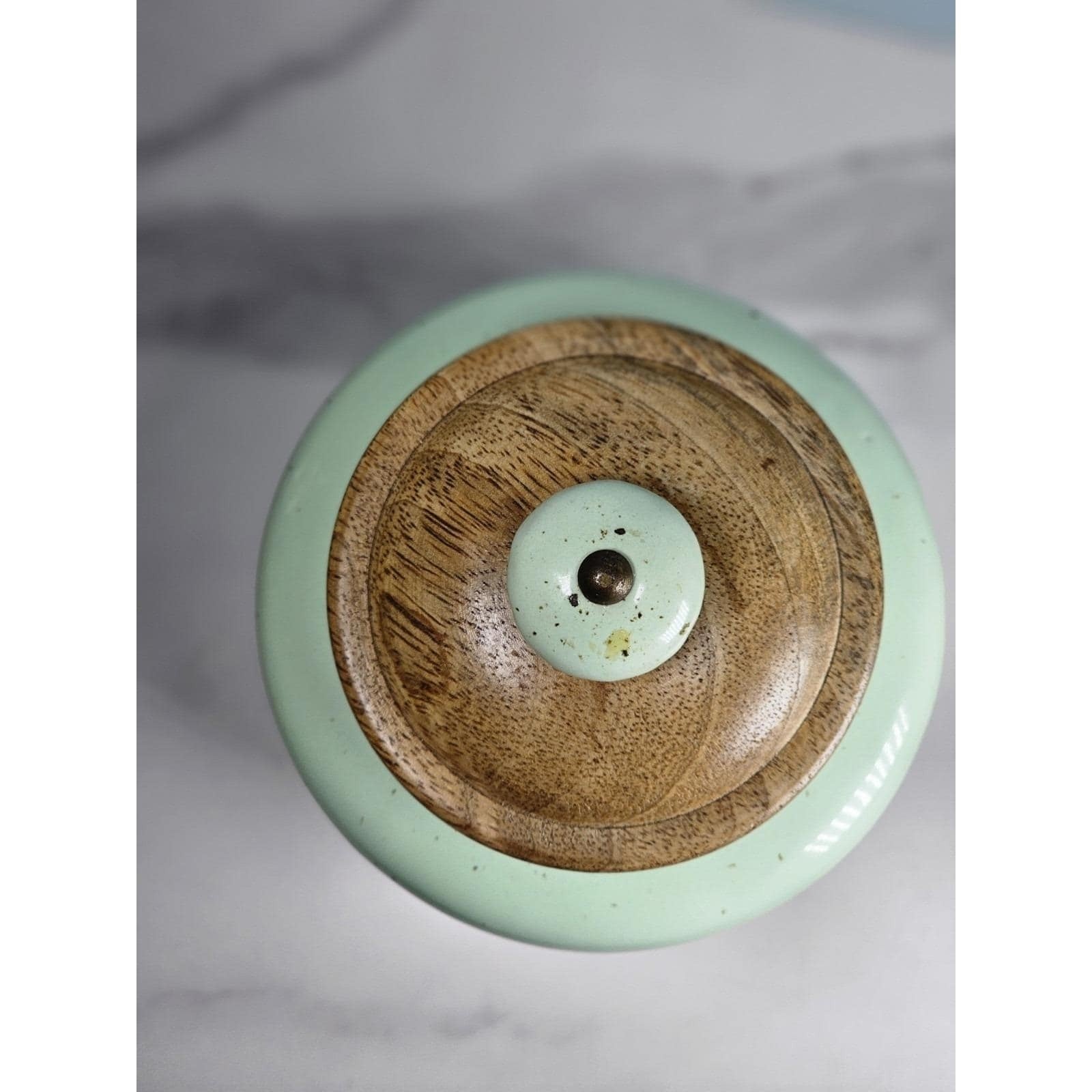 Vintage Pier 1 Mint Green Speckled Canister with Wooden Lid