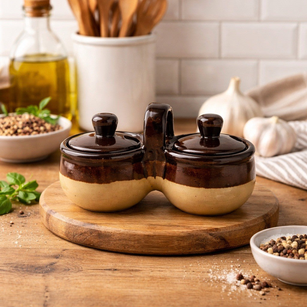 Vintage Brown Ceramic Double Jam & Jelly Crock Server with Lids
