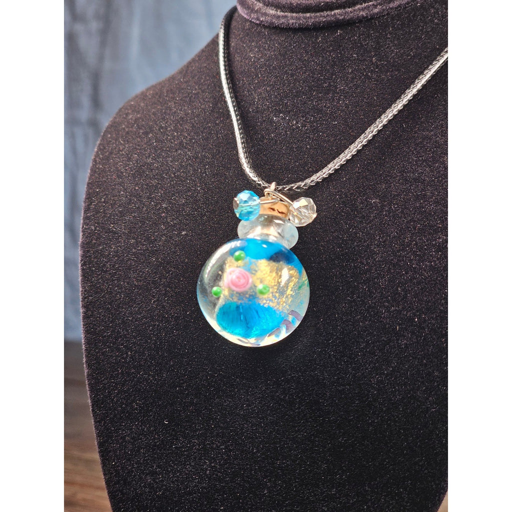 Glass Bottle Pendant Necklace Blue Floral Cork Vial Charm Necklace