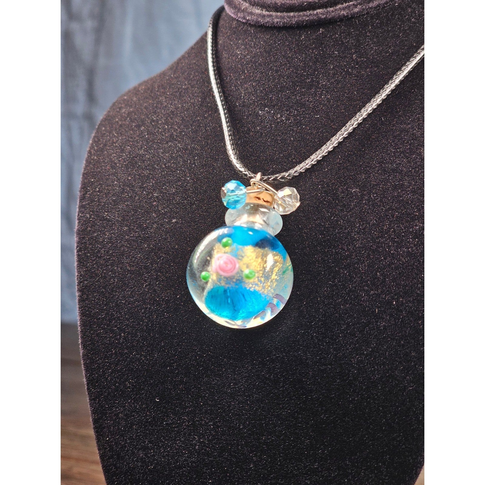 Glass Bottle Pendant Necklace Blue Floral Cork Vial Charm Necklace